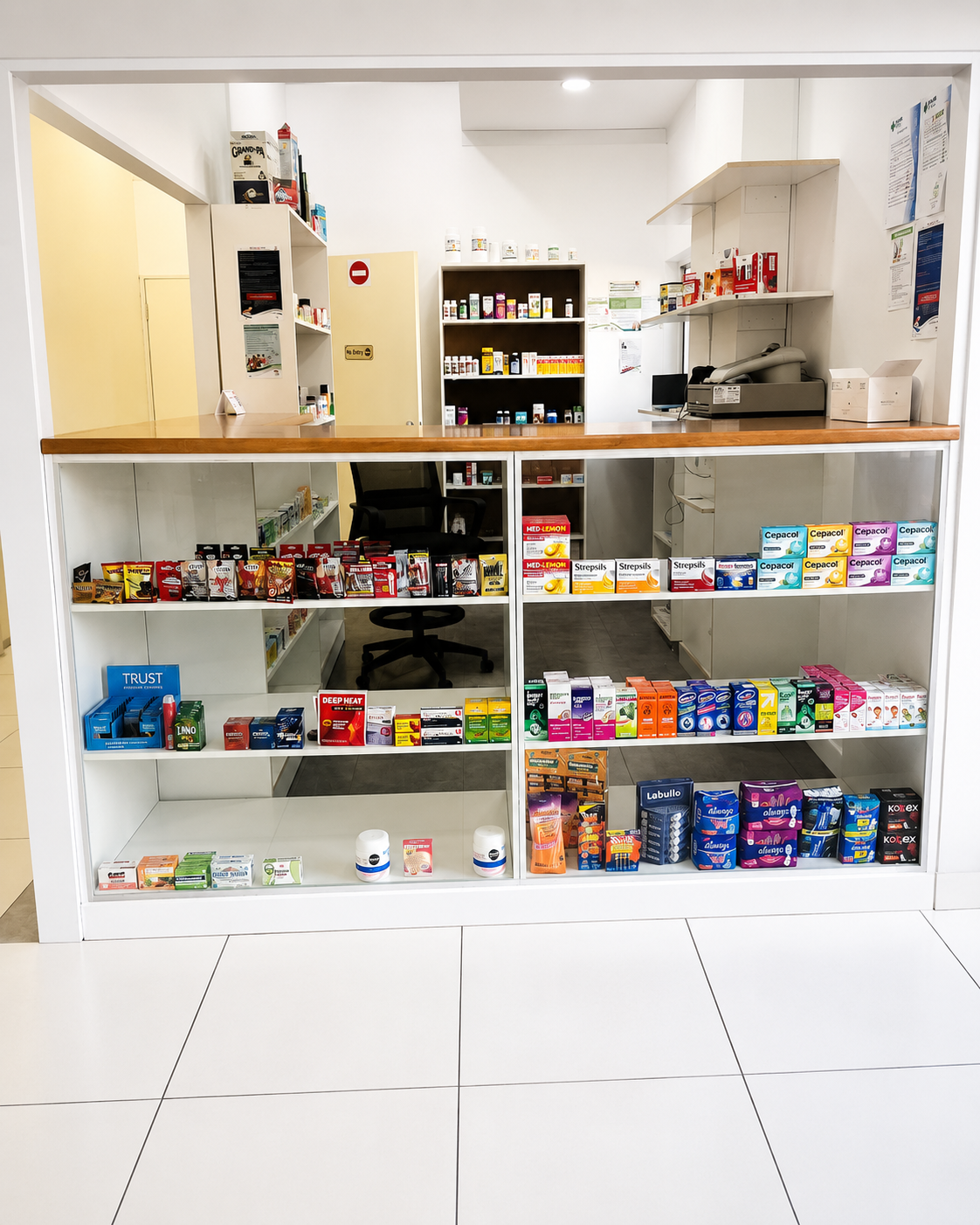 Salud Medical Centre pharmacy counter with everyday medicines and health products